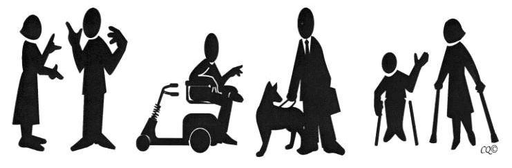 This graphic depicts a series of solid black characters against a white background. First we see a man and woman talking with hand gestures. Then we see a man on a scooter talking to another man holding a seeing-eye dog. On the far right, we see a woman and a child both on crutches.