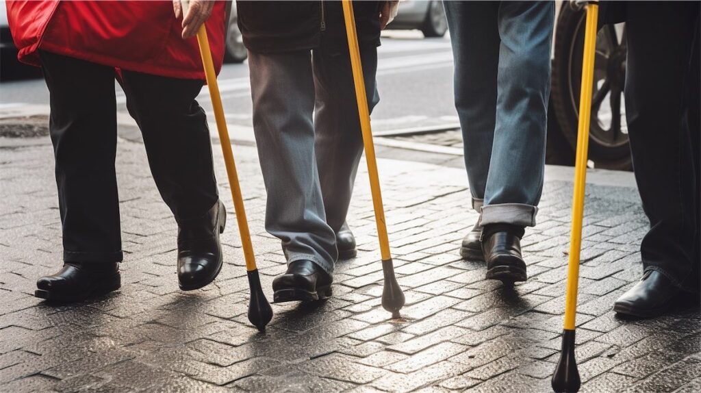 Blind people walking with a cane.