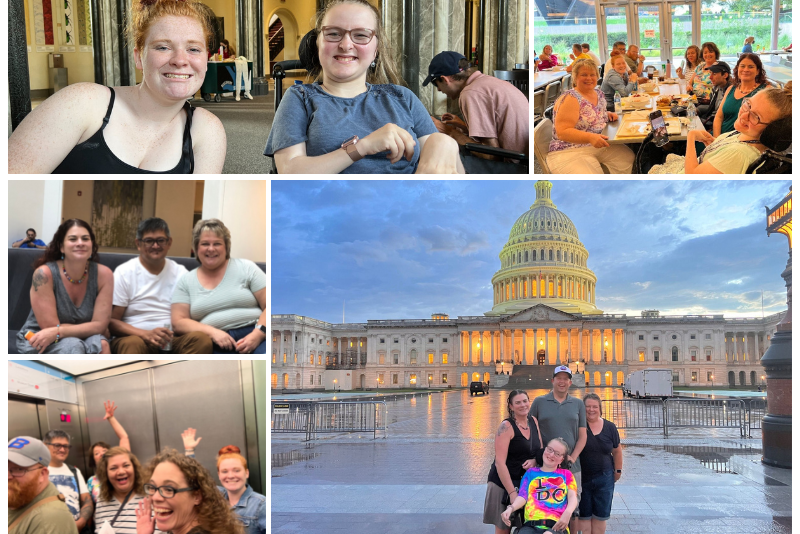 Photo collage of people at the 2022 NCIL conference in Washington DC, in front of the capitol building, in a restaurant and in an elevator