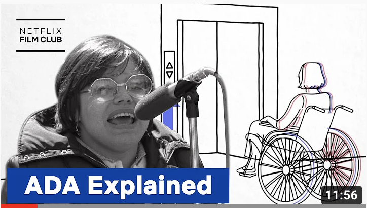 Woman talking on a mic, with the words "ADA explained" under her. Drawing of a woman in a wheelchair next to her.
