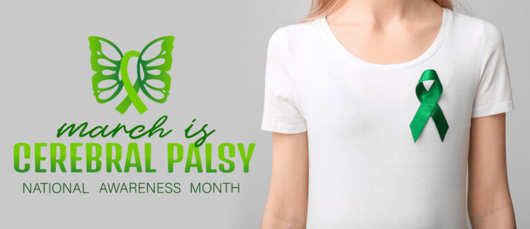 Banner for National Cerebral Palsy Awareness Month with woman wearing green ribbon on her t-shirt