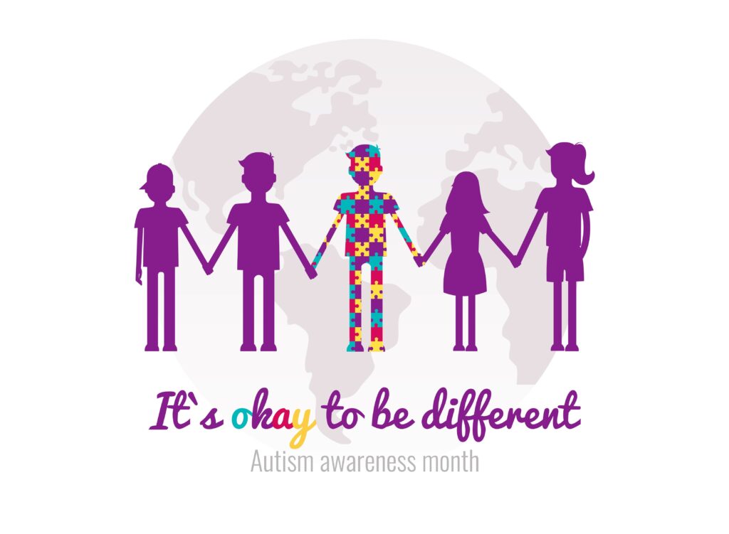 Paper doll figures with the line: It's okay to be different. Autism Awareness Month