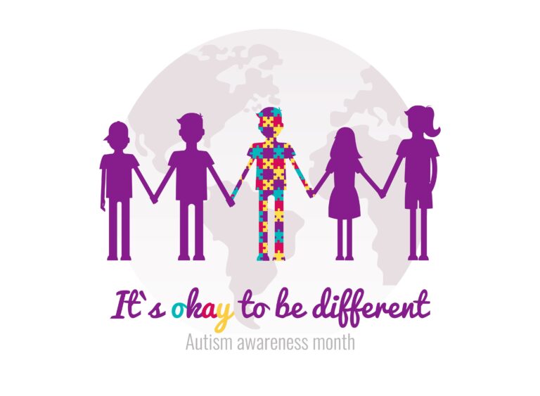 Paper doll figures with the line: It's okay to be different. Autism Awareness Month