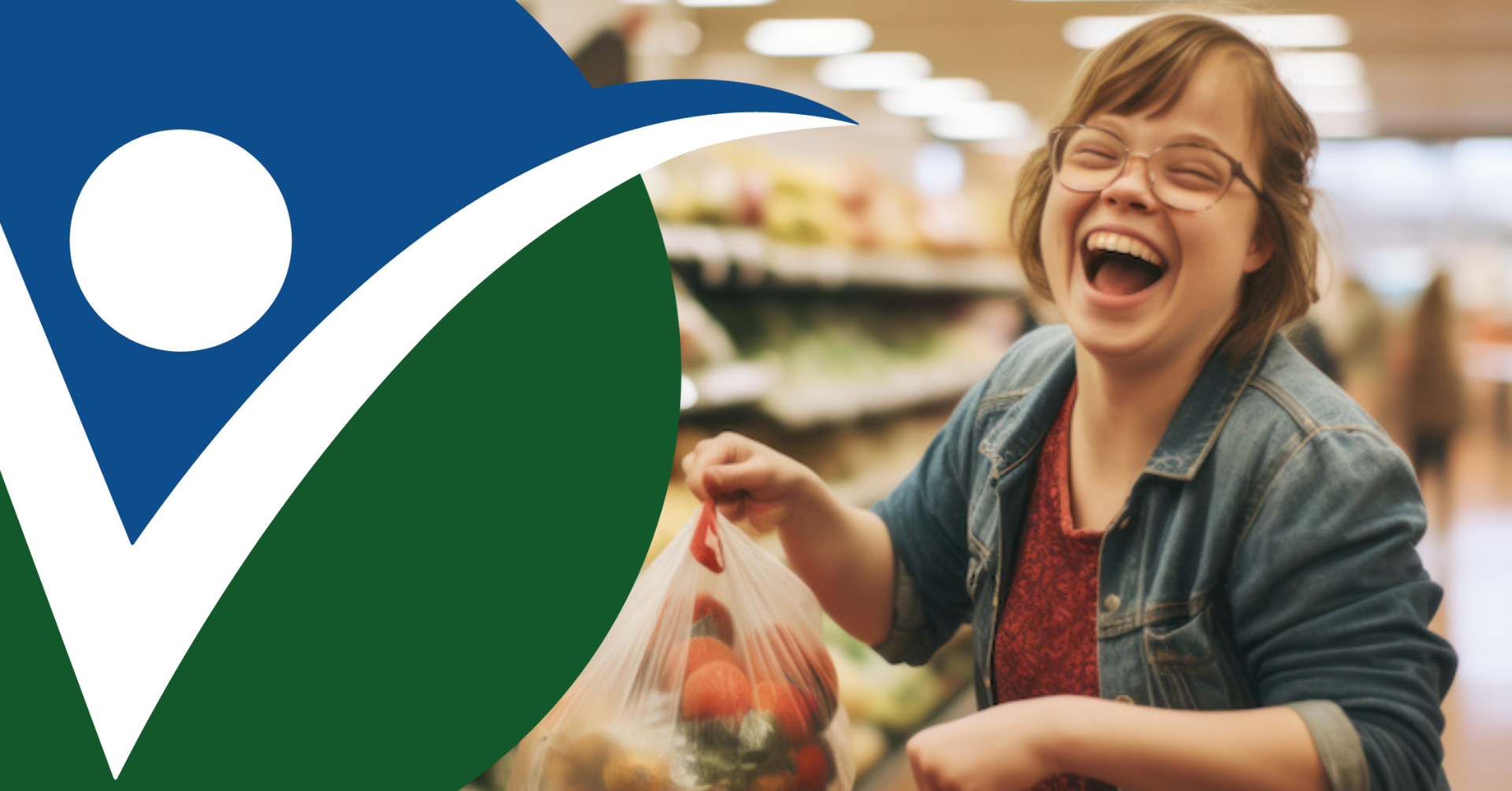 NNCIL logo next to a young woman laughing while shopping in the grocery store
