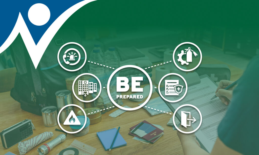 Be prepared graphic with links to communication, preparedness, evacuation, shelter in place icons, with a person doing emergency planning in the background.