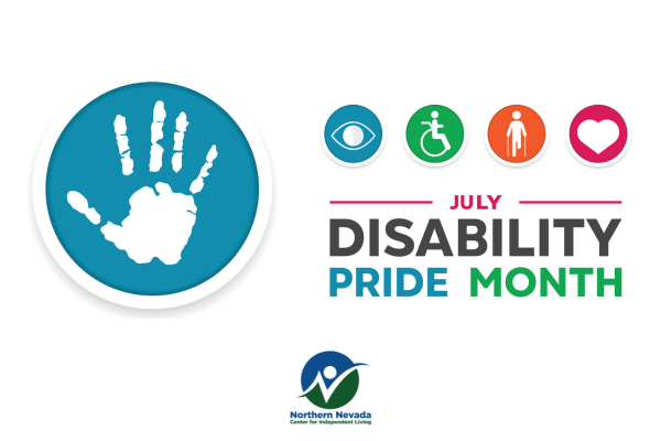 Graphic of a hand next to different disability symbols and the words: Disability Pride Month