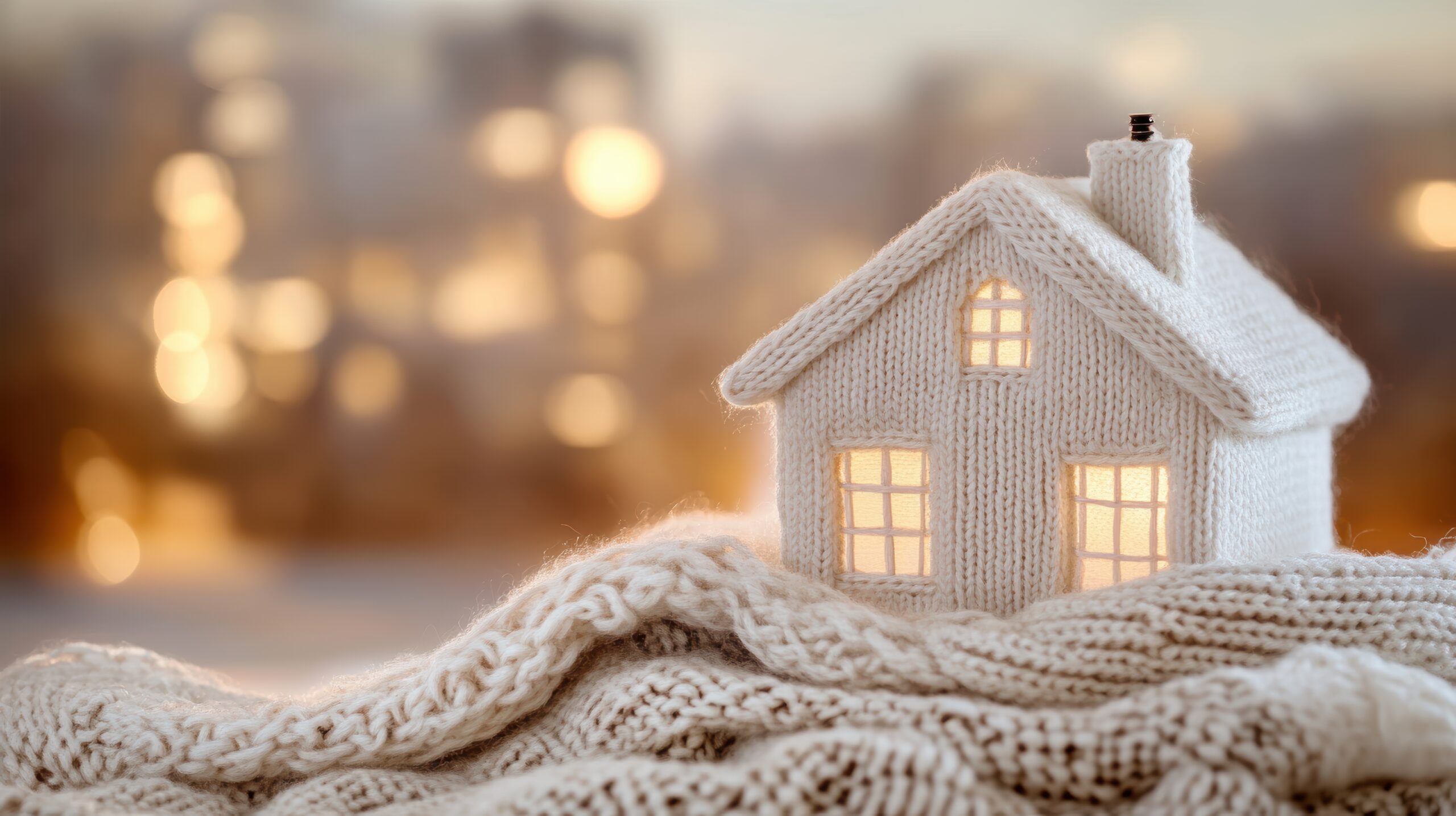 Illustration of a small house wearing a warm sweater and wrapped in a scarf.