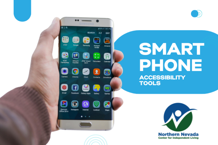 A hand holding a smartphone with the words: Smart Phone Accessibility Tools