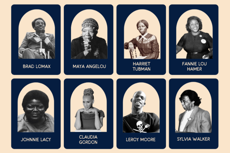 Photos of people mentioned in the article: Brad Lomax, Maya Angelou, Harriet Tubman, Fannie Lou Hamer, Johnnie Lacy, Claudia Gordon, Leroy Moore, Sylvia Walker